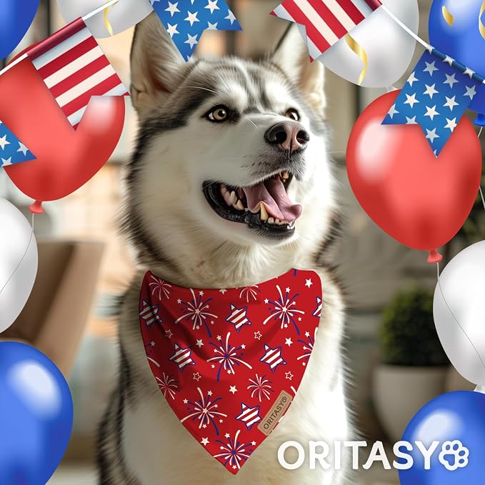 US Flag Dog Bandanas, 2-Pack Triangle Reversible 4th of July Pet Scarves, Premium Fabric, Bandana for All Boys Girls Dogs (X-Large, 26-Style 1)