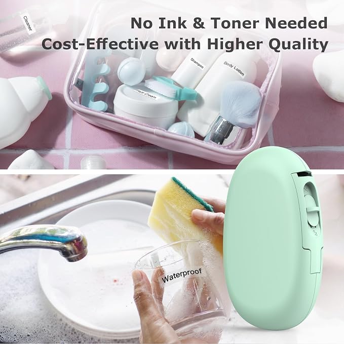 SUPVAN E10 Bluetooth Label Maker Machine with 3 Tapes, Green Bundle | Fits Continuous & Die-Cut Waterproof Label, Easy App Editing, Rechargeable, Inkless, for School, Home, Kitchen, Office