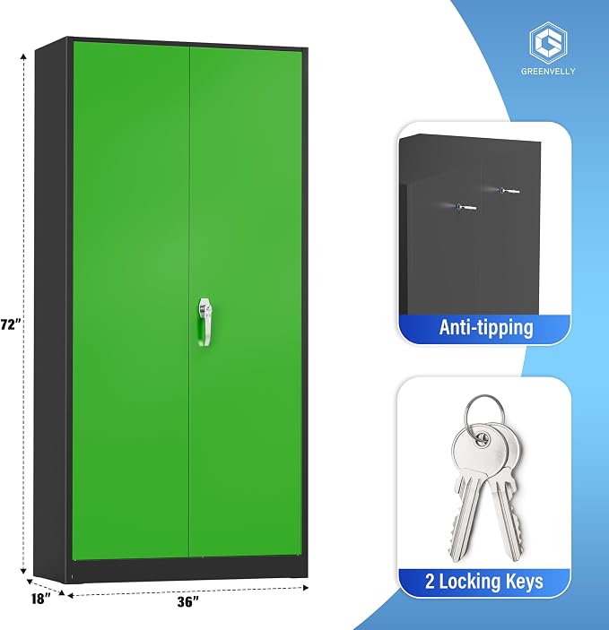 Greenvelly Metal Storage Cabinet with Doors and Shelves, 72" Inch Locking Metal Cabinet,Garage Storage Cabinet for Garage Office School Warehouse (Black Green)
