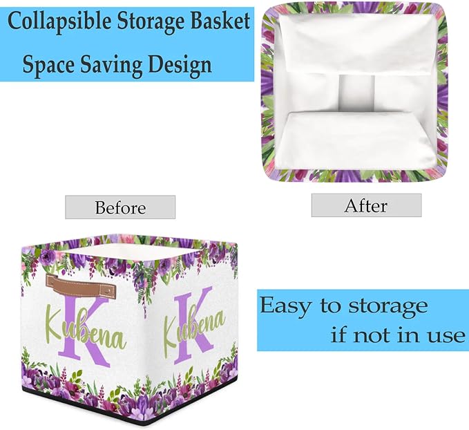 Personalized Name-Initial Purple Flower Storage Baskets for Girls Women, Custom Portable Square Storage Bins with Handles Foldable Organizer for Clothes, Toys, Blanket, Towel,Pet 13”