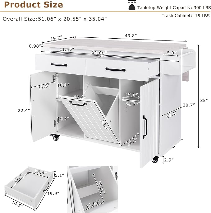 51" Farmhouse Kitchen Island with Trash Can & Storage - Modern White Rolling Kitchen Island with Drop Leaf, Spice Rack, Towel Rack, 20.55"D x 51.06"W x 35.04"H