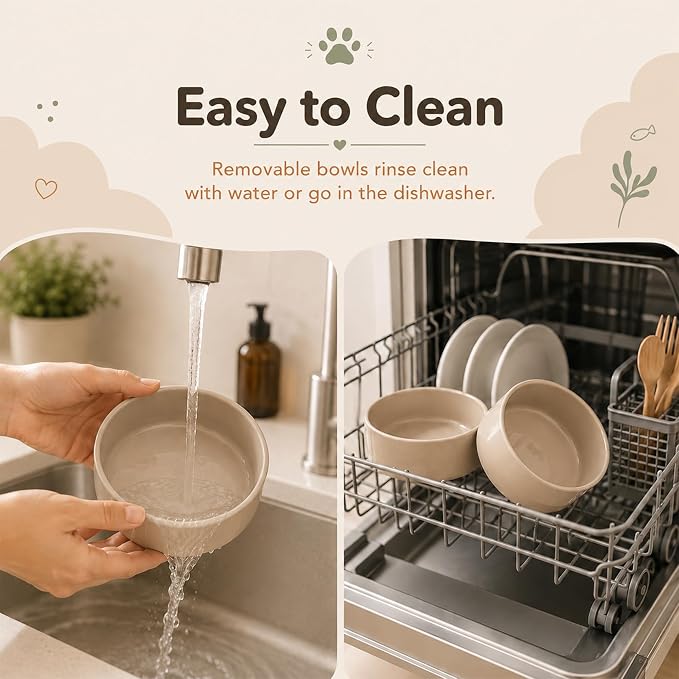 Havniva Raised Cat Bowl 5.1” Elevated Ceramic Cat Food and Water Bowl | Cat Bowls Elevated, Whisker Friendly Cat Bowl, Non-Slip Wood Stand, Food-Grade Ceramic, Wide Opening, Dishwasher Safe
