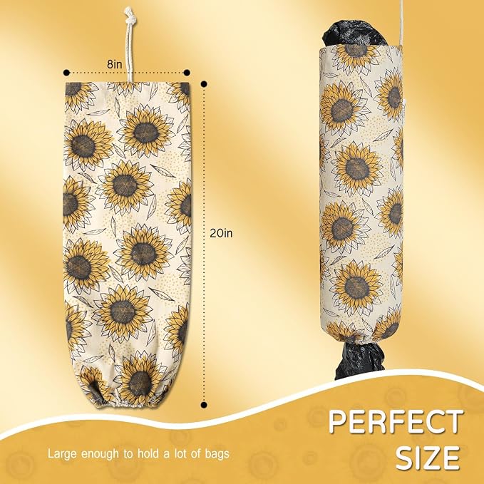 Plastic Bag Holder, Reusable Grocery Bag Holder for Plastic Bags Groceries Store, Flower Canvas Trash Plastic Bag Organizer Storage Holders for Home Kitchen Pantry Decor (Yellow Sunflower)
