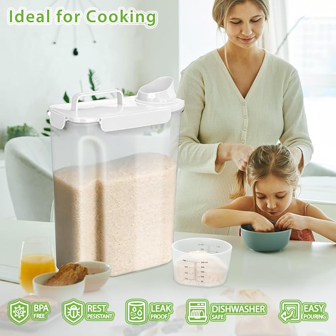 Viretec Rice Storage Container, 15 to 20lb Dry Food Airtight Dispenser, Pet Dog Cat Food Canister, BPA Free Clear Plastic Kitchen and Pantry Organization Bin for Oatmeal, Cereal, Pasta, Flour White