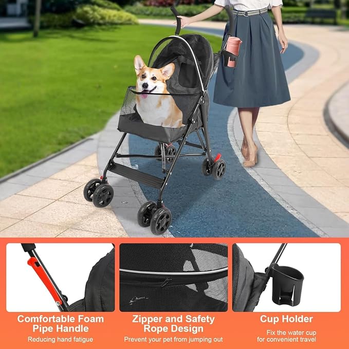 Pet Stroller for Small Medium Dogs Up to 22lbs, 4 Wheels Folding Pet Carriage Cart for Dogs Cats, Portable Cat Puppy Jogging Stroller with Rear Pocket and Cup Holder (Black)
