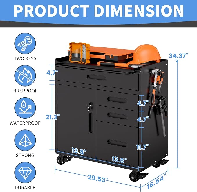 Metal Storage Cabinet for Garage, Tool Cabinet, Utility Cabinet | Wheeled, Rolling Tool Cabinet, 4 Drawers, 1 Doors Lockable, Top Countertop, Pegboard, Assembly Required, Black