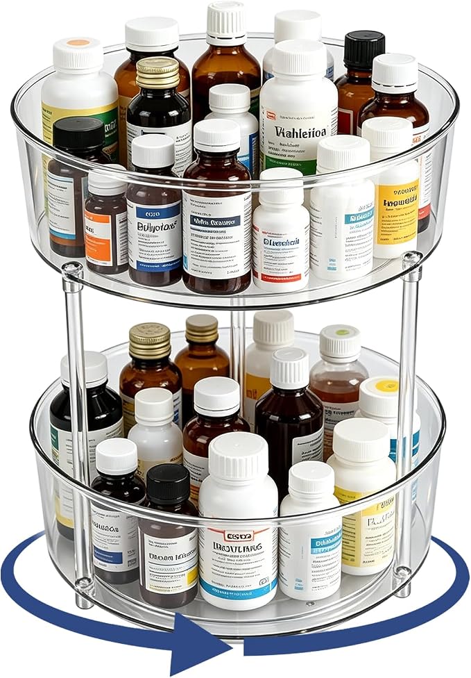 2 Tier Medicine Bottle Organizer, Lazy Susan Organizer for Prescription and Vitamin Bottles, Medicine Cabinet Organizer for Countertop and Bathroom, Transparent Organizer for Empty Pill Bottles