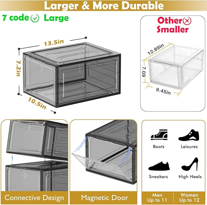 Large Thick Clear Shoe Organizer, Magnetic Door Stackable Shoe Storage Box | Foldable Shoe Storage Boxes for Sneakers & Boots, Space-Saving Closet Shoe Cabinet with Clear Magnetic Door, 9 Pack Black