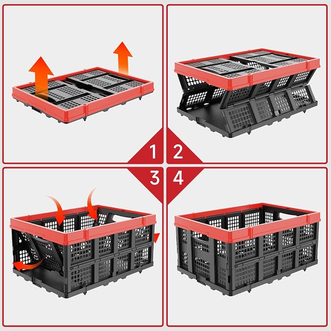 TOLRET 49L Collapsible Crate, Milk Crate for Storage, Foldable Storage Crate, Stackable Crate for Organizing for Home, Shopping, Camping, School, Office, Warehouse, Red