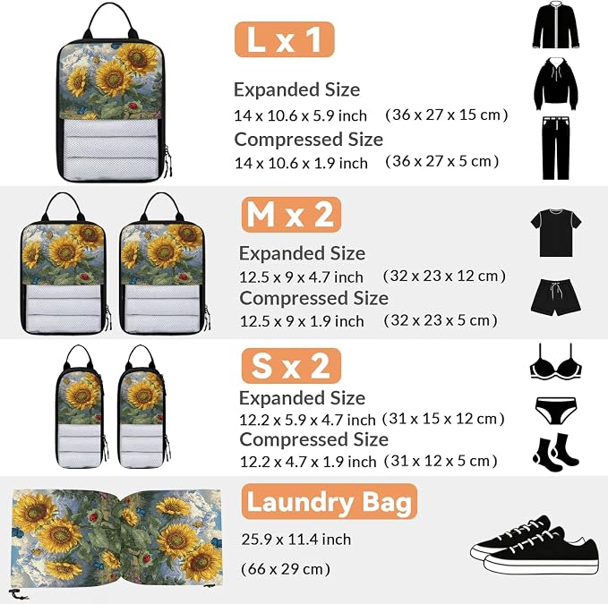 TropicalLife Sunflower Butterfly 6 Set Compression Packing Cubes | Compressible Expandable Luggage Suitcase Organizer Bags Space Saver Bags for Carry on
