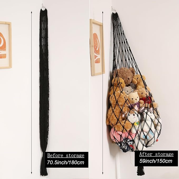Amdermi Stuffed Animal Hammock Corner Hanging Net for Stuffy Animal Storage Macrame Toy Display Plushie Toy Holder-Perfect for The Tiny Space Walls, Kid Bedroom Decor Playroom Organizer (Black XL)