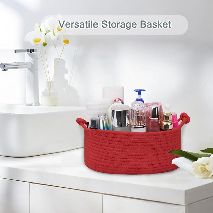 COMSE Small Gift Basket Empty with Bag & Ribbons, Solid Red | Cotton Rope, 12"x 8"x 5", Pet Toy Storage Organizer, Woven Basket for Birthdays, Baby Showers, Mother’s Day, Valentine’s Day