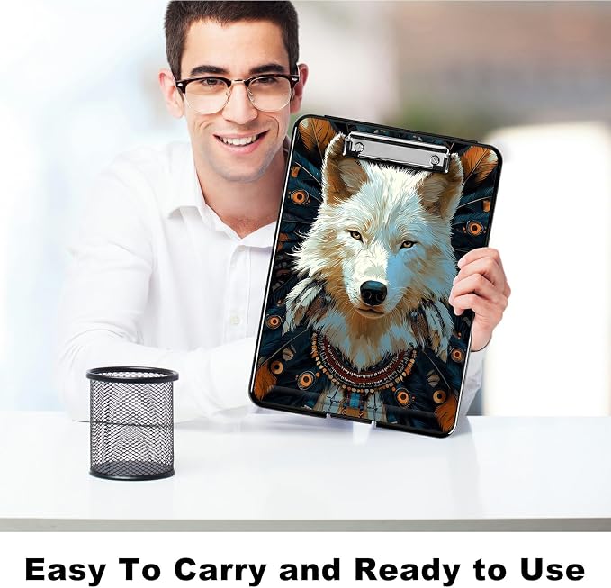 Heavy Duty Storage Clipboard, Slim Nursing Clipboard with Internal Pen Case, Portable File Organizer Case for A4 Letter Size Paper Office Medical Professionals, Feathers White Wolf