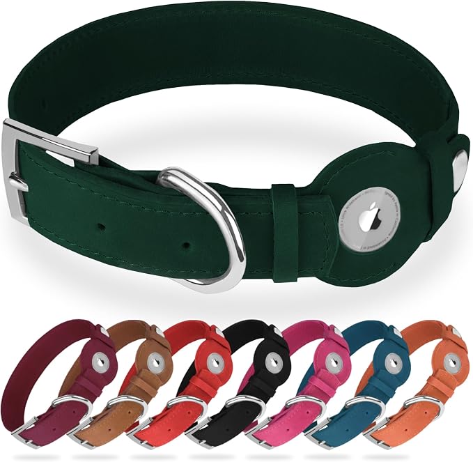 Leather Dog Collar with Airtag Holder - Apple Air Tag Dog Collars - Soft Tracking GPS Pet Collar for Small Medium Large Dogs Breed Puppy (Green, L, 15"-19" Neck Fit)