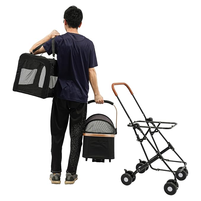 Pet Stroller for Small Medium Dogs Up to 77lbs, Folding Pet Carriage Cart for Dogs Cats, 360° Swivel Front Wheels Portable Cat Puppy Jogging Stroller with Storage Pocket & Safety Lock