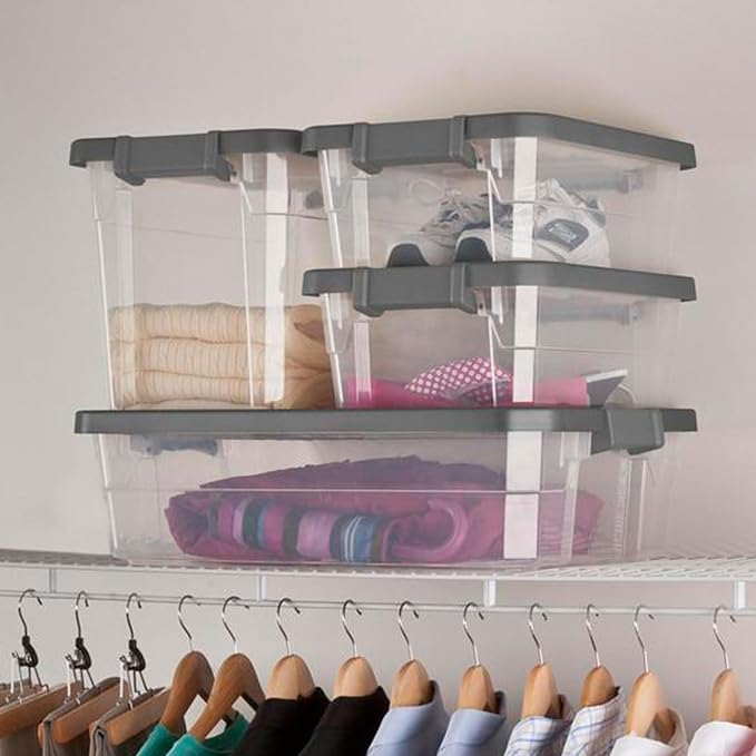 Sterilite Modular Stacker Box with Latching Lid, 30 Quart, 18-Pack | Clear Plastic Storage Bins - Stackable Organizing Container Boxes for Closet, Bathroom, and Office