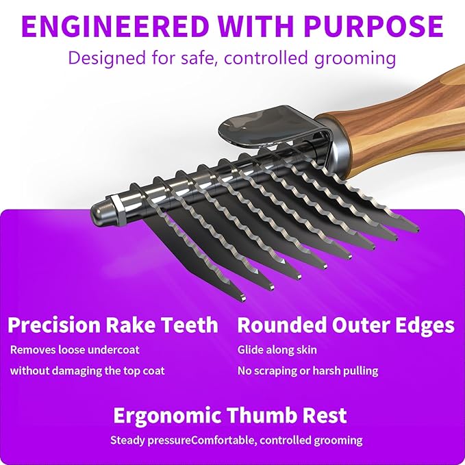 Dog Dematting Comb & Rake, Stainless Steel Pet Grooming Brush for Mats & Tangles, Gentle Undercoat Rake for Doodles, Poodles, Goldendoodles, Long/Short Haired Dogs & Cats, Non-Slip Wooden Handle
