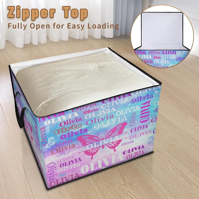 Custom Extra Large Storage Baskets Name with Lid, Butterfly Personalized Storage Bins Basket Boxes Handles for Clothes Blanket Bedroom Closet Organizing Toys Shelves, Painted Blue Pink Background