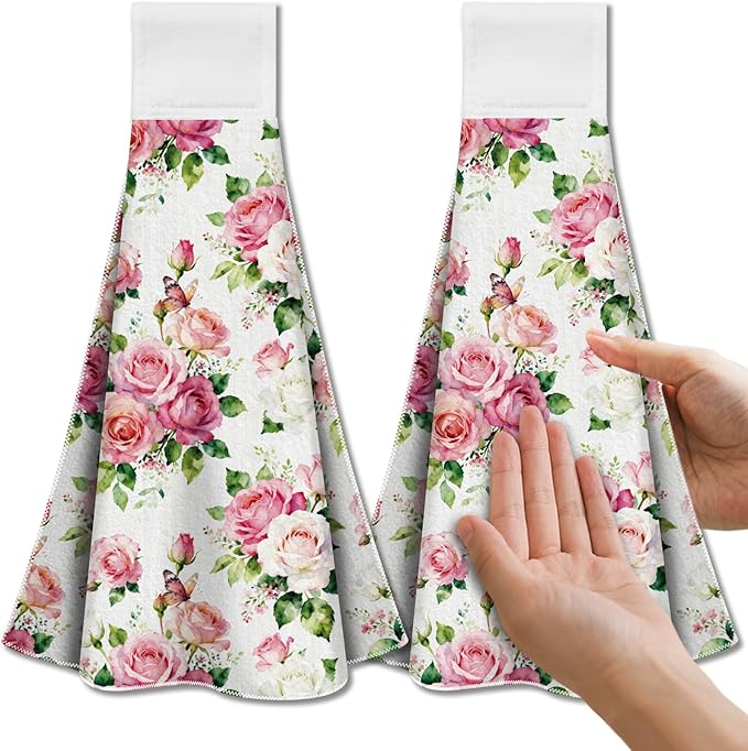 CUTHOLLOW Pink and White Roses Hanging Kitchen Towels with Loop, Set of 2 - Soft & Super Absorbent Microfiber Decorative Hanging Dish & Hand Towel, Tea, Coffee Towel for Kitchen Bathroom Oven Handle