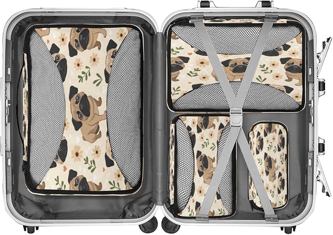 Pug Dog 4 Set Travel Packing Cubes for Accessories, Suitcase Organizers Luggage Bags Set with Double Zippers & Mesh Top