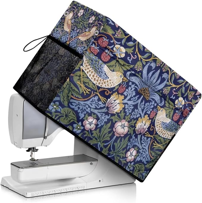 William Morris Strawberry Thief Sewing Machine Cover: Dust - Resistant, Mesh Storage Pockets, Fits Most Standard Machines,17.7 x 8.6 x 12.5 inches(Blue)