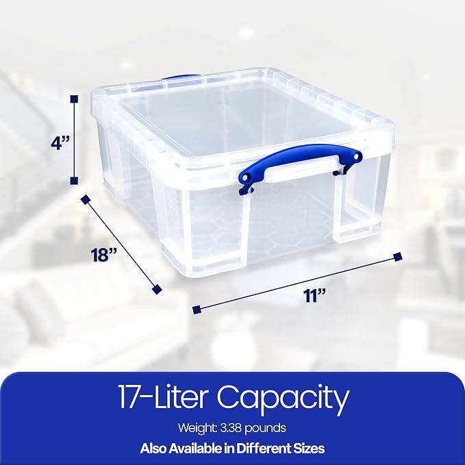 Really Useful Box 17L Plastic Storage Bins, 4 Pack | Containers with Snap Lids and Clip Lock, Clear