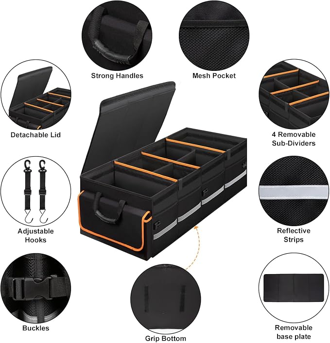 GDNasist Car Trunk Organizer and Storage for Car, SUV & Sedan, Extra Large | Collapsible Trunk Organizers with Lid & Removable Cooler Bag, Car Accessories, Removable Dividers for Custom Space, Interior