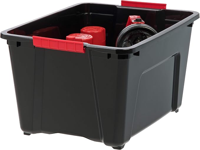 IRIS USA 4-Pack 32 Quart Storage Bins with Lids, Black | Black finish conceals stored items. Great for linens, décor, closet storage, and supplies. Nestable design saves space
