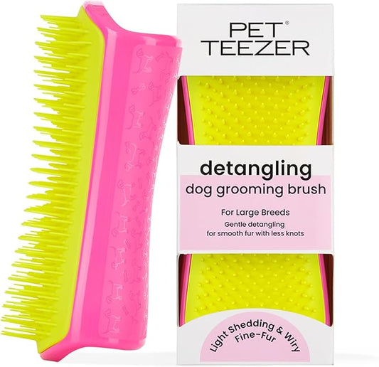 Pet Teezer Detangling Dog Grooming Brush, Dog Bath Brush for Long Haired Breeds and Wet or Dry Fur, Large, Pink & Yellow