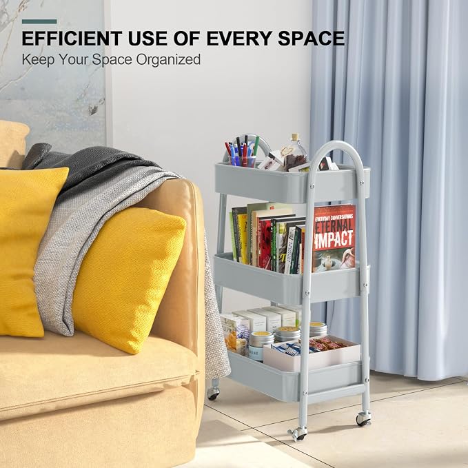 3 Tier Utility Rolling Cart, Metal Storage Cart with Handle and Lockable Wheels, Multifunctional Storage Organizer Trolley with Mesh Baskets for Kitchen, Living Room, Office, Garage (Grey)