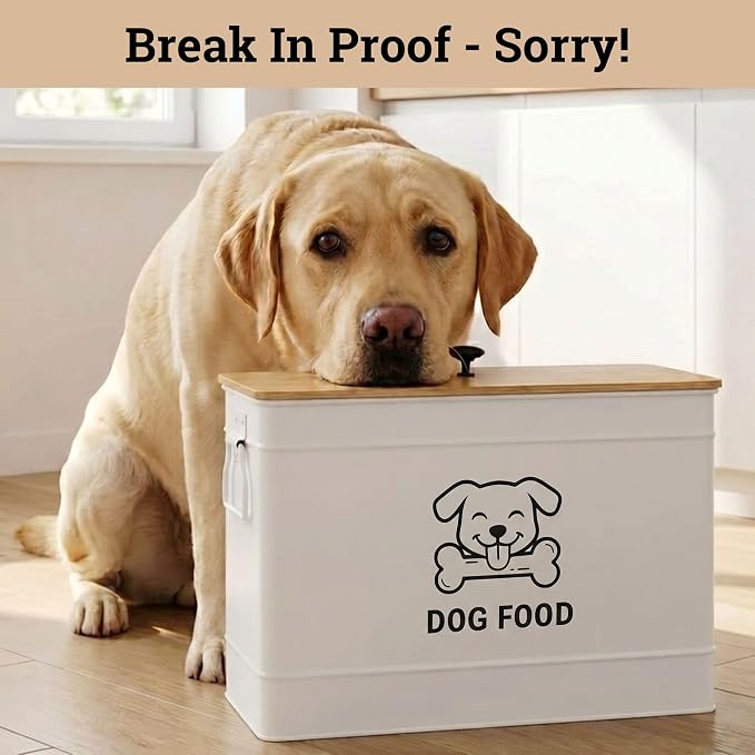 Metal Dog Food Container 15-20 lbs w/ Airtight Bamboo Lid, 70 Cup Capacity | Pet Jar For Dogs up to 100lbs, Airtight Bamboo Lid, Sturdy Comfortable Metal Handle, Powder Coated Iron, Kibble Storage Bin
