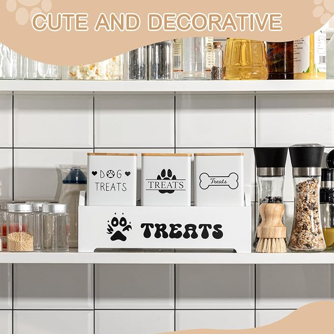 Weysat Dog Treat Container Set for Countertop Includes 3 Metal Treat Jars, 1 Food Storage Tray with Sticker and Pen Farmhouse Pet Food Storage Organizer Gift for Pet Dog Owners