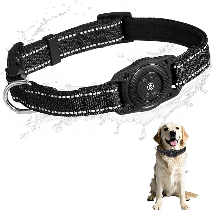 Air Tags Dog Collar, Waterproof Pet Collar with Air-Tag Chip for Apple Find My (iOS only) (Black, L)