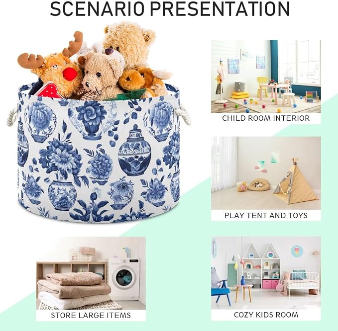 Blue White Floral Collapsible Round Storage Basket with Handles | Chinoiserie Vase Flower Large Laundry Baskets Hamper, Organizer Bin for Nursery Bedroom Living Room Decor, 20x 20x 14 Inches