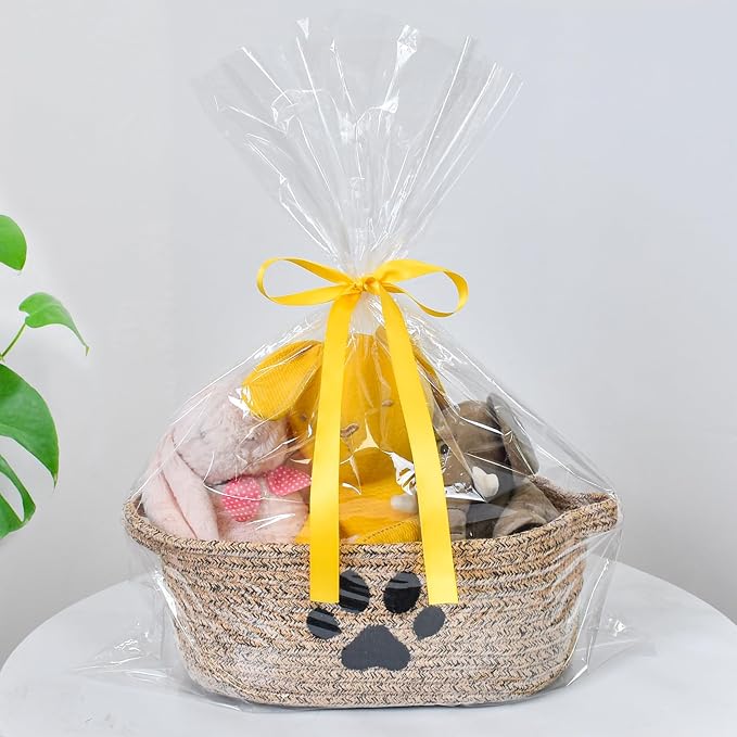 ABenkle Small Woven Basket with Handle, Cute Dog Paw Baskets for Gifts Empty, Decorative Rope Woven Storage Dog Toy Basket, Nursery Baskets for Baby Shower, 12" x 8" x 5"