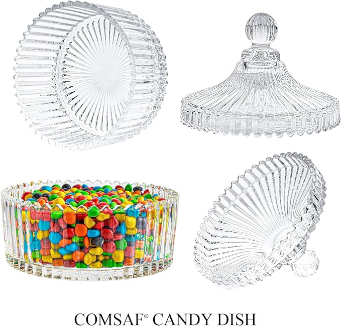ComSaf 14oz Glass Candy Dish with Lid for Office Desk Small Jar Clear Cute | Covered Candy Storage, Coffee Table Office Desk Bathroom Vanity Decor, Countertop Display, Wedding Favors, Living Room Decor