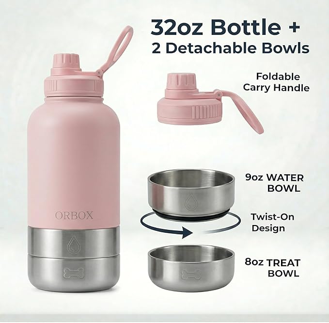 32oz Portable Dog Water Bottle with 2 Detachable Bowls for Small & Medium Dogs, Insulated Dog Travel Bottle for Walking and Road Trips (Pink)