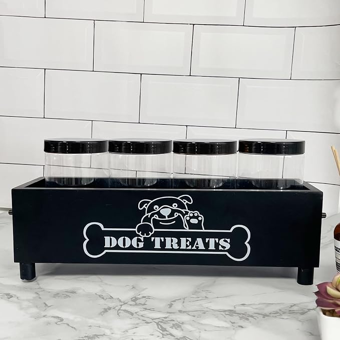 Large Dog Treats Container, Dog Cookie Jar for Dogs Cat Treats Container, Farmhouse Wood Pet Treats Storage Organizer for Dog Food Storage Container with 4 Jars, Cat Dog Treat Organizer