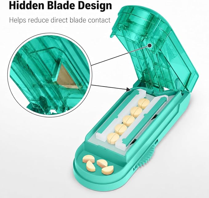 ONE PIX Pill Cutter Splitter for Small and Tiny Pills, Multiple Pill Splitter with Centering Device & Hidden Blade, Adjustable Tablet Cutter for Large Pills, Seniors, Pets, Cyan