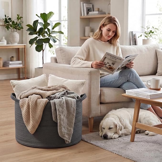 90L Extra Large Blanket Basket,Woven Rope Laundry Basket-Dark Grey | Collapsible, reinforced handles, nursery storage bin organizes clothes, toys and pillows for living room, bedroom bathroom.