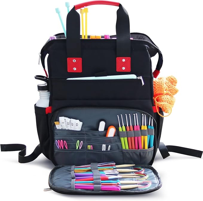 Hearth & Harbor Crochet Backpack, Crochet Bag Organizer, Canvas Knitting Bag, Yarn Organizer for Crochet Accessories and Supplies, Travel Yarn Bag with USB Charging Port, Yarn Storage Organizer