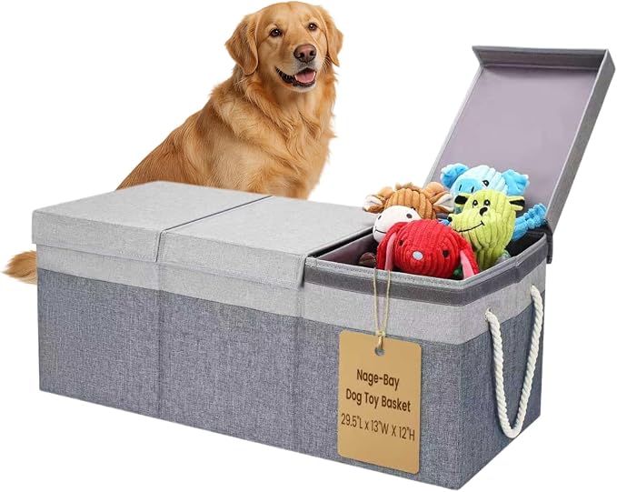 Extra Large Dog Toy Storage Basket with Lid and Handle for Living Room Area | 29.5" Fabric Dog Toy Box, Collapsible Basket for Dog Toys, Organizers and Storage with Hard Board, Anti-slip for Pet Supplies