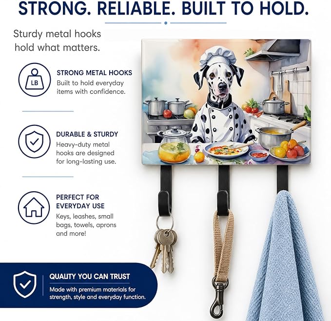 Caroline's Treasures Dalmatian The Chef Leash or Key Holder Wall Hooks, Key Hooks Holder, Coat Rack Wall Mount, Coat Hooks, Hooks for Hanging Keys, Towels, Aprons, Leashes | Dalmatian The Chef artwork on ceramic tile with three steel hooks for keys, le...