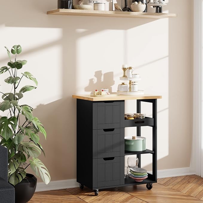 JY QAQA 26" Kitchen Island on Wheels with Storage Cabinet Kitchen Cart Cabinet with Shelves, Cart Handle for Towel Rack or Free Mobility, Portable Islands for Kitchen,Black