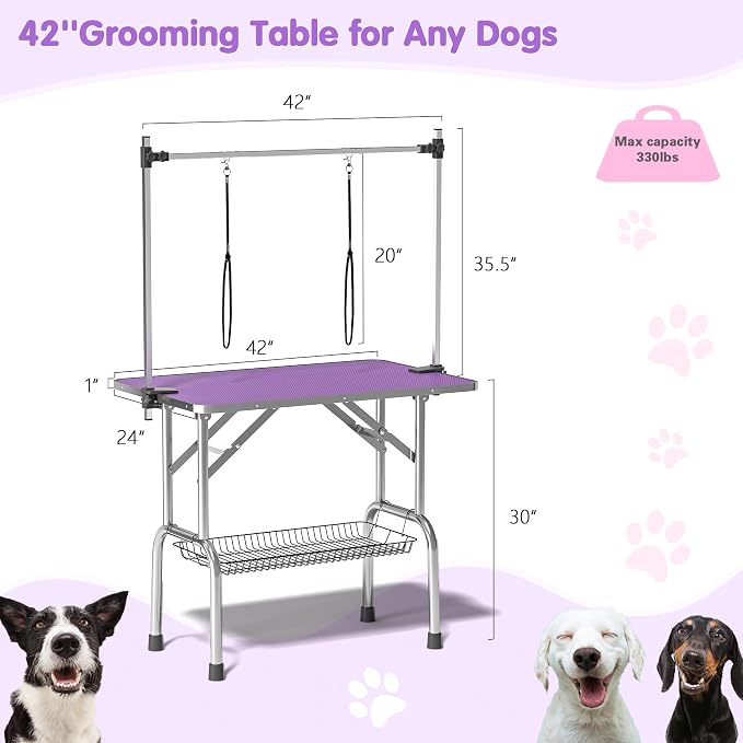 42'' Stainless Steel Pet Dog Grooming Table, Arm/Noose/Tray, Purple | Foldable Dog Grooming Table for Dogs at Home, Adjustable Height Arm, Non-Slip Waterproof Tabletop, Capacity 330Lb