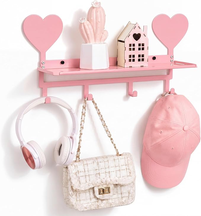 Pink Heart Metal Wall Mounted Coat Rack with Shelf 4 Hooks | Entryway Bedroom Organizer for Keys Purse Towel, Pet Leash Collar Hanger, Decorative Metal Shelf, Holds Bags Hats