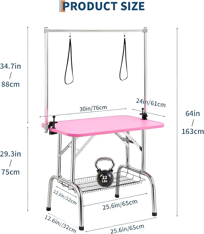 Dog Grooming Table, 30 Inch Pet Grooming Station w/Arm & Noose | Adjustable Height, Foldable Design, Non-Slip Surface & Mesh Tray, Holds Up to 330Lbs for Cat/Dog Trimming Drying, Pink