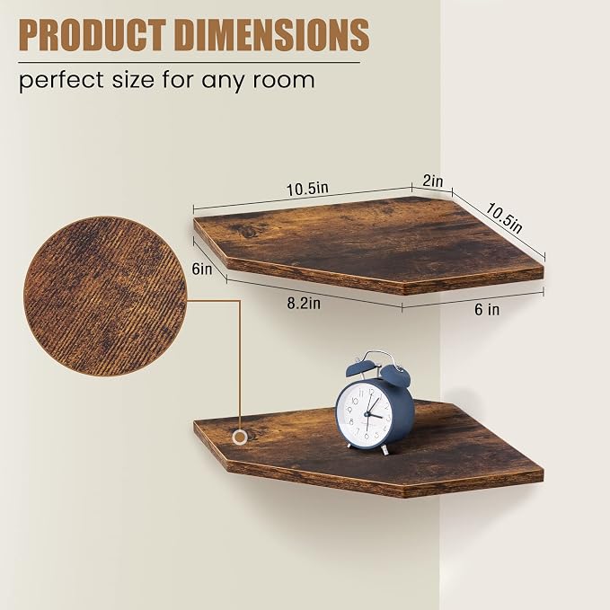 Fun Memories Corner Shelf Wall Mount, Floating Corner Shelves, Set of 4 Corner Wall Shelf Organizer, Rustic Wood Wall Storage Display Shelves for Living Room Bedroom Bathroom Kitchen, Rustic Brown