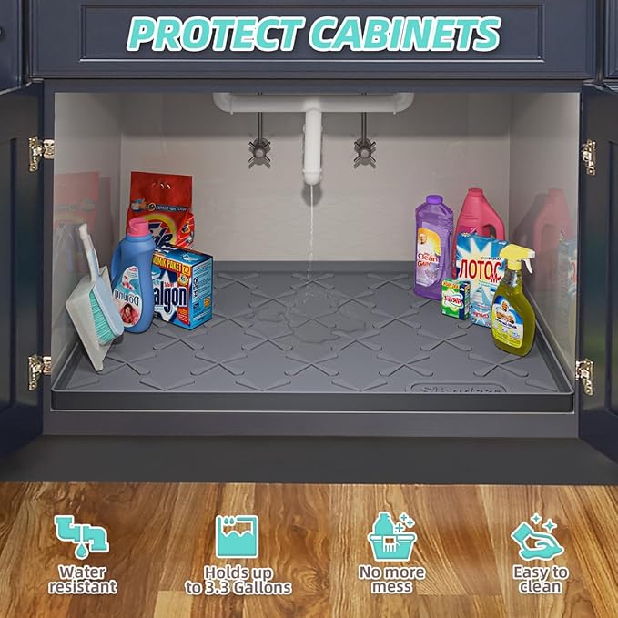Waterproof Under Sink Mat 25" x 22" Silicone Mat Cabinet Protector | Heavy Duty Kitchen Cabinet Liner, Easy Press Drain, Home Essentials for Pet Feeding, Boots, Bathroom, Organizers & Storage