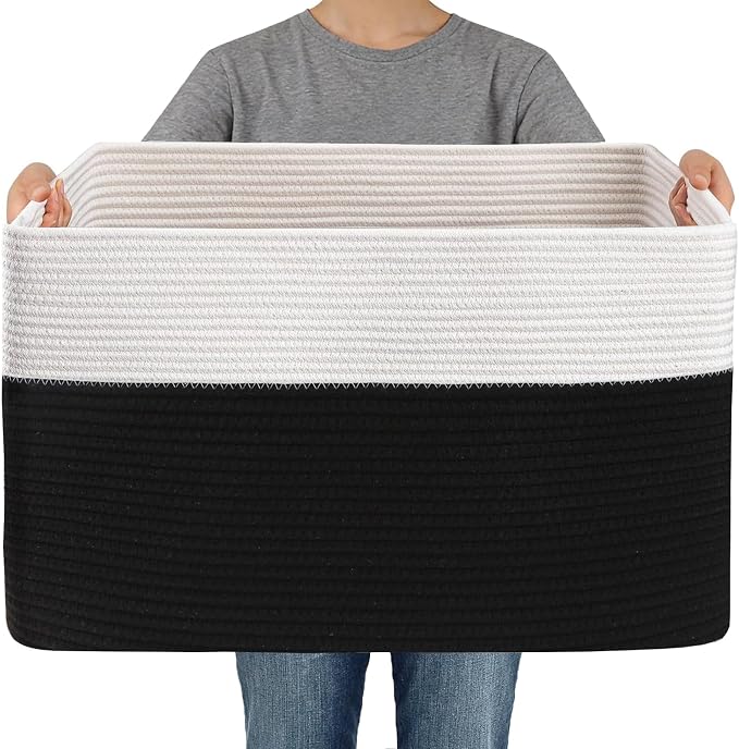 JMvicyroam 96L Large Woven Cotton Rope Blanket Basket, White&Black | Blanket storage for living room or bedroom use, Freestanding with reinforced handles, Entire basket is machine washable